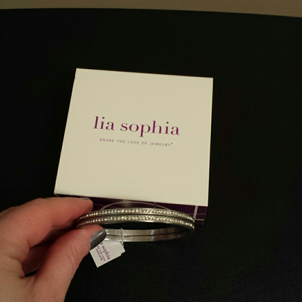 Lia Sophia Silver Tone Crystal Stackable Bangle Set - Picture 1 of 2